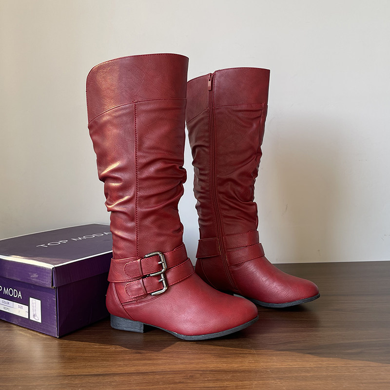 2025欧美新款红色皮带扣高筒骑士靴女平底大腿围堆堆靴侧拉链长靴,女鞋,骑士靴,淘宝优惠券,粉丝福利购,淘宝优惠卷