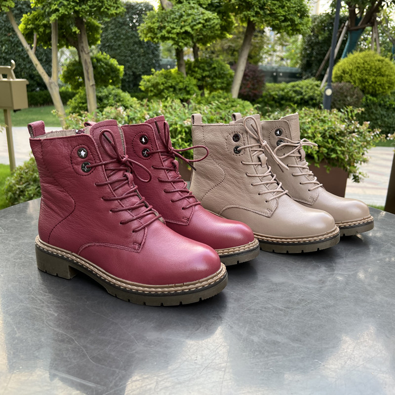 俄罗斯单头层牛皮平底系带马丁靴女2022秋冬新款加绒百搭真皮短靴