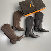 俄罗斯粗跟尖头真皮西部牛仔靴2025秋冬加绒保暖复古中筒骑士靴女