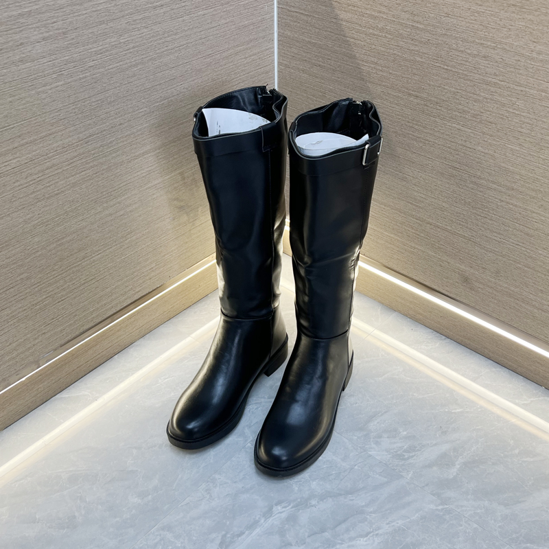 国内单骑士靴高靴平底后拉链