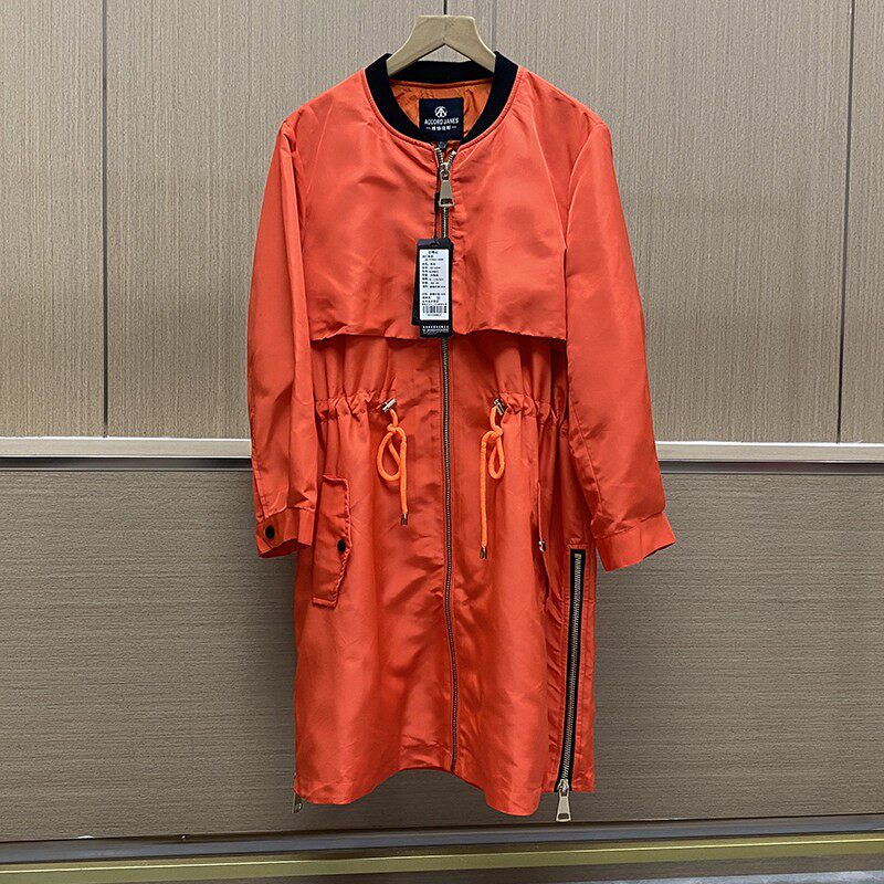 撤柜原单春秋夹克棒球服女中长韩版收腰外套显瘦白黑橘色休闲风衣