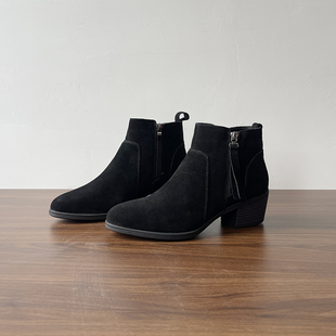 外贸真皮短靴女2025秋季 二棉粗跟侧拉链流苏复古增高黑色马丁靴子