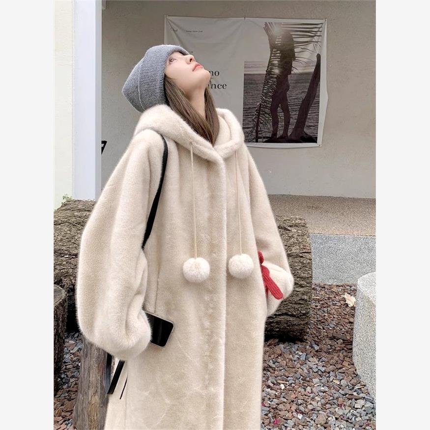 秋冬季连帽加厚长款仿水