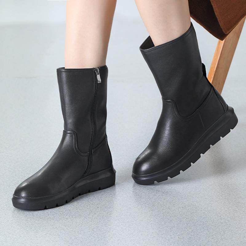 潘暇冬季保暖中筒靴黑色真皮厚底马丁靴 脚宽胖大码女鞋41-43靴子,女鞋,马丁靴,淘宝优惠券,粉丝福利购,淘宝优惠卷