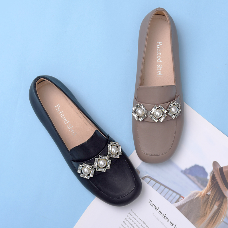 潘暇真皮大码女鞋平底乐福鞋