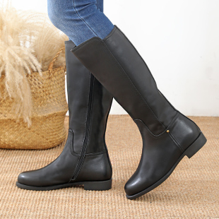 潘暇新款 女鞋 大码 43皮靴 真皮高筒靴平跟长靴黑色侧拉链马丁靴