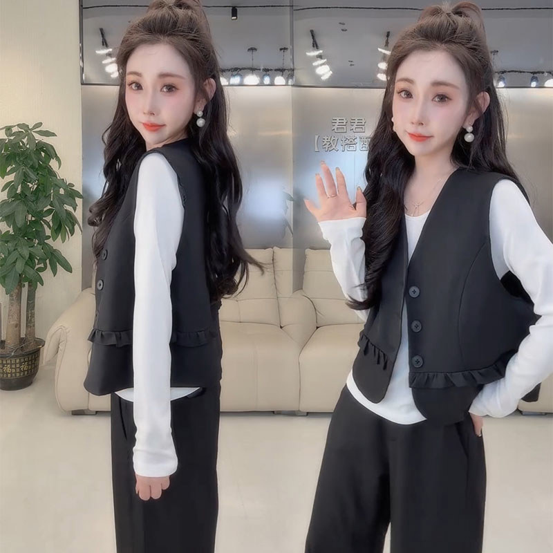 休闲套装女2026秋季新品时尚显瘦花边无袖西装马甲小衫裤子三件套