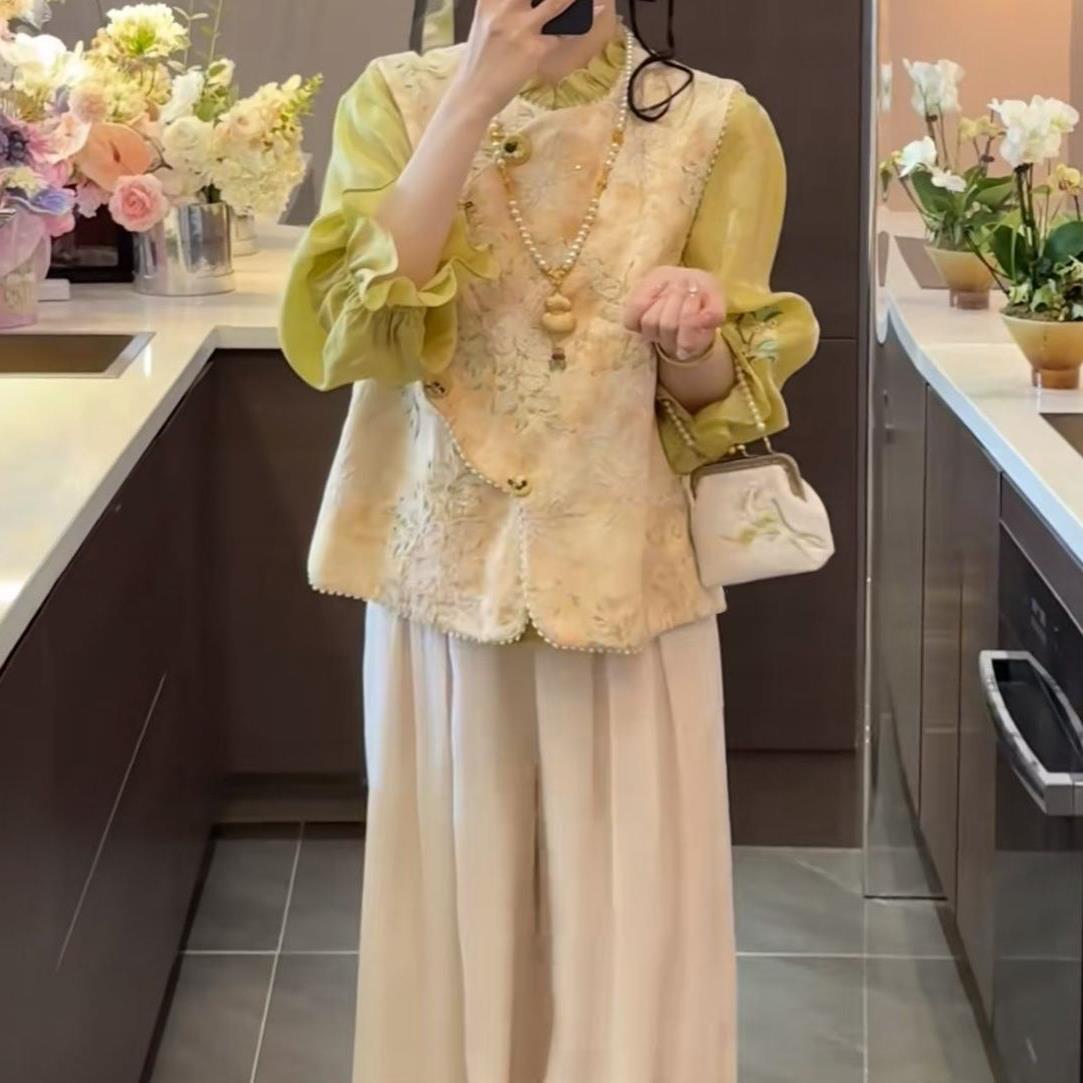 抖音网红爆款时尚洋气女装清新新中式优雅贵气刺绣马甲打底衫裤子