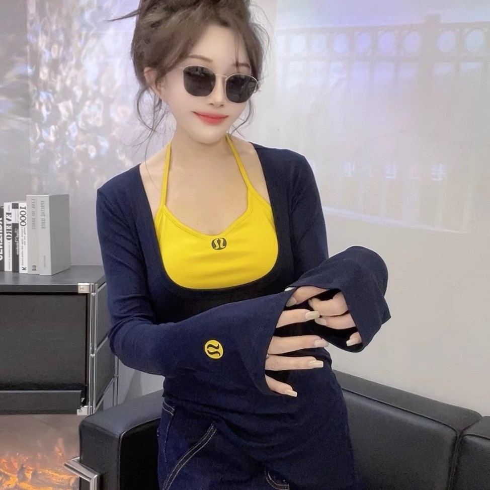 2025夏季新款时尚洋气减龄修身挂脖吊带薄款防晒长袖t恤两件套女
