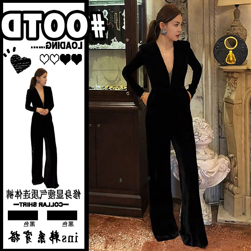 欧货大码V领丝绒长袖连体裤女2026新品收腰显瘦连体裤百搭阔腿裤