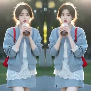 2026秋季网红新品时尚三件套裙女韩系减龄显瘦外套蕾丝小衫半身裙
