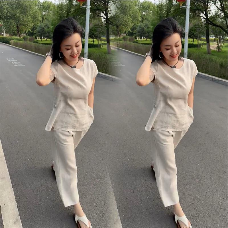 百搭气质短袖上衣九分裤两件套女夏季新品高级感简约休闲时尚套装
