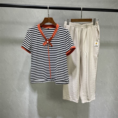 中年妈妈夏装条纹T恤萝卜裤套装