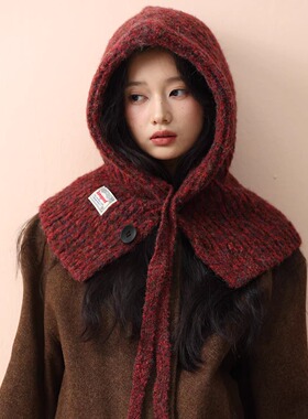 红色巴拉克法帽帽女冬加厚保暖针织帽子围脖一体护耳毛线帽显脸小