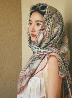 高端粉白两马马织情大方巾春夏季女气质围巾出游拍照外搭空调披肩