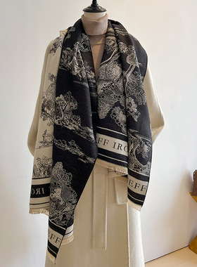 轻奢高端欧美新款黑色双面仿羊绒围巾女冬季百搭围脖披肩韩版两用