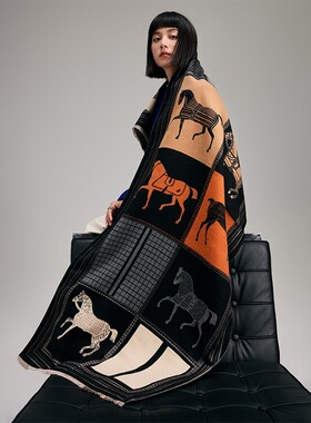 欧美秋冬季高级感黑色网格马女士仿羊绒加厚保暖围巾空调披肩围脖