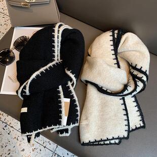 黑白小香风韩版锁花含羊毛针织围巾女冬季纯色毛线加厚保暖围脖男
