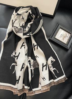 黑色字母骏马双面仿羊绒围巾男女秋冬季百搭加厚保暖围脖披肩两用