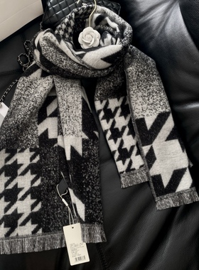 高档黑色金丝千鸟格围巾女秋冬保暖加大加厚百搭围脖学生保暖披肩