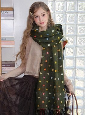 复古多巴胺绿色波点软糯双面加厚保暖围巾秋冬韩版学生披肩女围脖