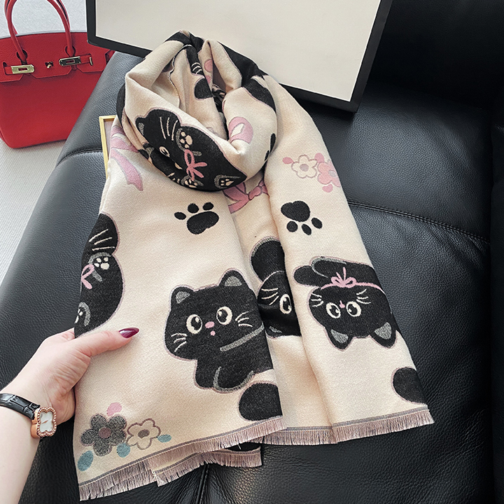 韩版甜美猫咪蝴蝶结秋冬季百搭仿羊绒围巾女披肩两用双面保暖围脖