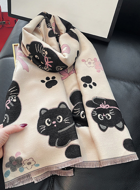 韩版甜美猫咪蝴蝶结秋冬季百搭仿羊绒围巾女披肩两用双面保暖围脖