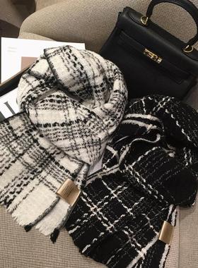 coco风小香编织黑白格纹围巾WOOL羊毛围巾女羊绒披肩冬季保暖围脖