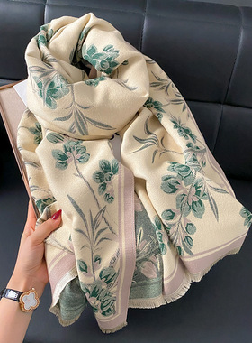 黄色花卉围巾女士冬季仿羊绒长款空调房披肩外搭双面加厚保暖围脖