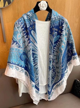 蓝色亚麻围巾女夏季防晒130cm大方巾丝巾薄款丝巾空调房外搭披肩