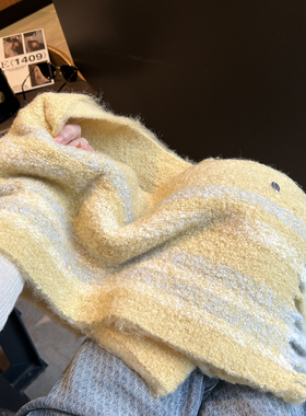 出韩国鹅黄色流苏60%羊毛围巾女韩系氛围感加厚保暖防寒护颈围脖