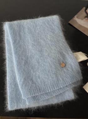 高端品质baby蓝色浣熊绒羊绒围巾女韩系保暖纯色披肩加厚保暖围脖