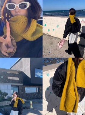 韩国博主黄色纽扣含羊毛针织围巾女冬季保暖百搭围脖脖套护颈披肩