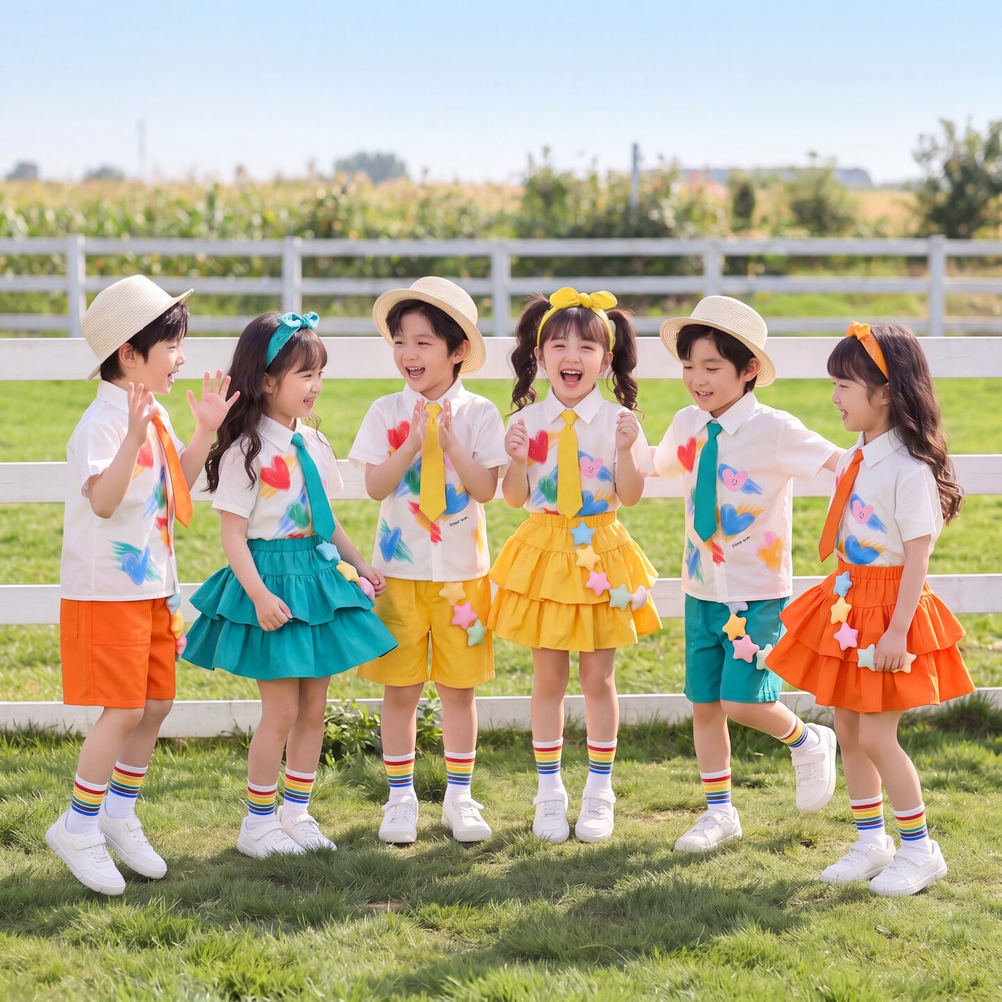儿童演出服男女童六一彩色短袖幼儿园小学生团体表演毕业摄影服装