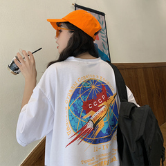 Real cotton new European and American trend gilt printed rocket pattern loose cotton short sleeve T-shirt