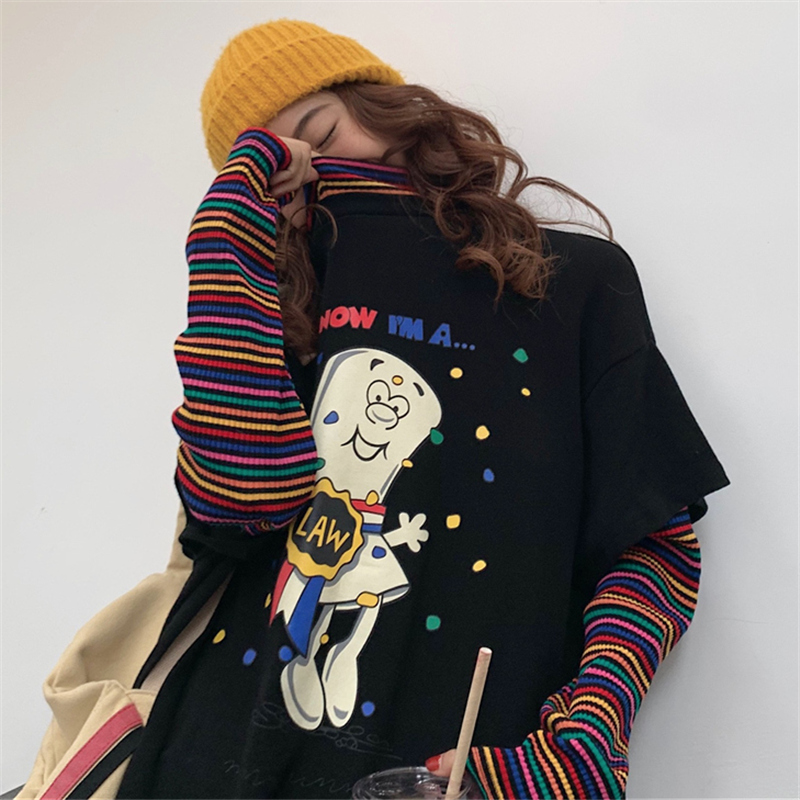 Real shot cotton fake two super fire sweater women loose Korean lazy thin style long sleeve T-shirt