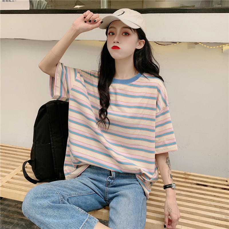 Short sleeve T-shirt women's stripe Korean student's fashionable summer wear base coat loose part style top large size