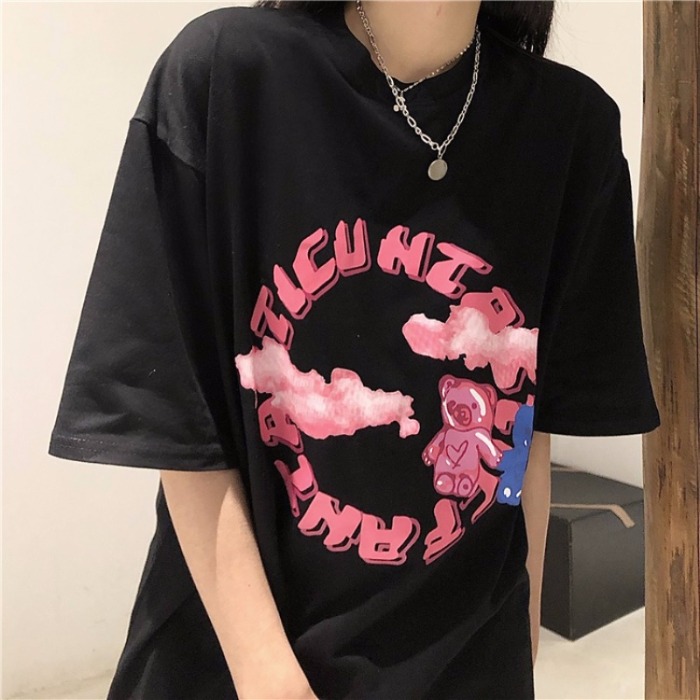 Face short sleeve t-shirt female fashion student Korean loose large medium length net Hongyuan suzerain top summer style