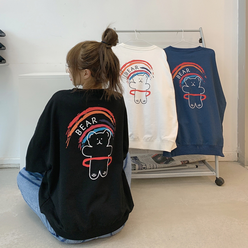 Long sleeve sweater women autumn winter Korean retro lazy style loose Plush thickened T-shirt printed hoodless coat