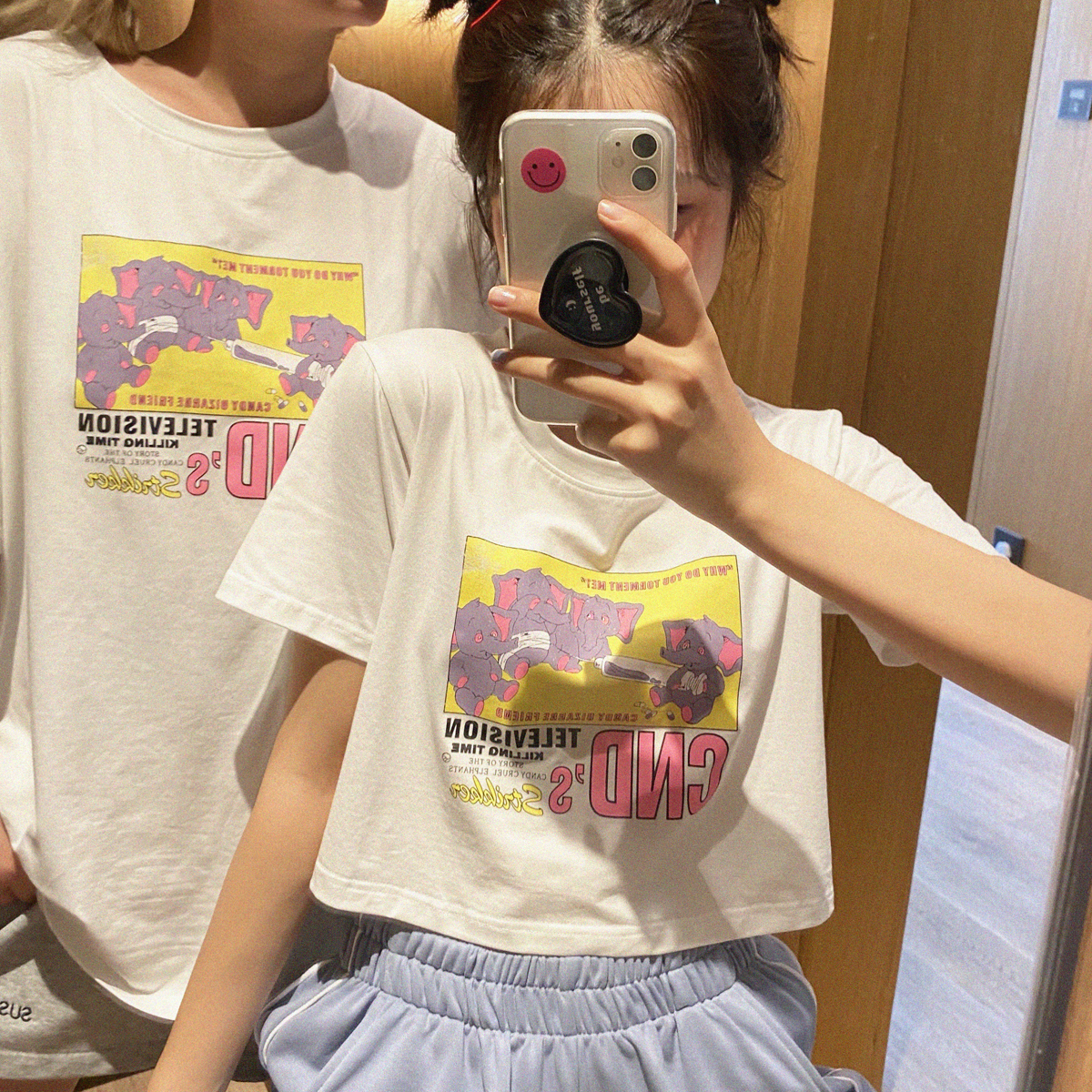 Short sleeve T-shirt women's short Japanese girlfriends couple high waist open navel Korean loose large medium length top summer