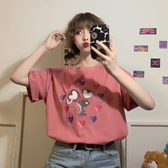 Real shot short sleeve T-shirt women's spring and summer clothes love pattern printing Student Korean loose large size top