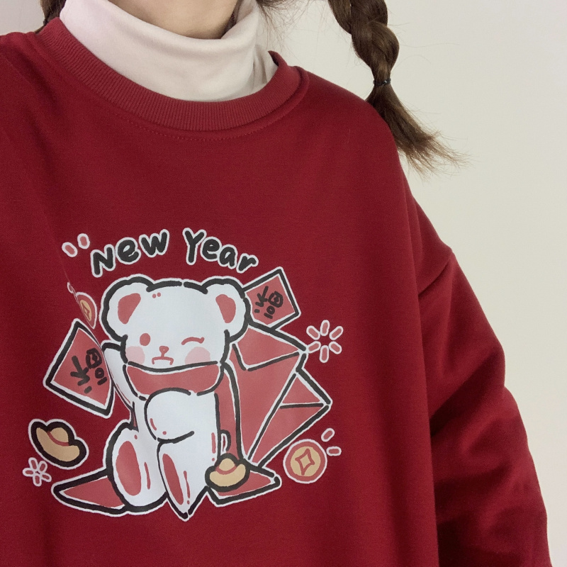 Japanese lovely new year red sweater women's Plush thickened loose Korean round neck top students' autumn and winter clothes