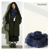 原创设计高级感韩版 植物花卉深蓝紫色植绒围巾柔软亲肤文艺冬季 女