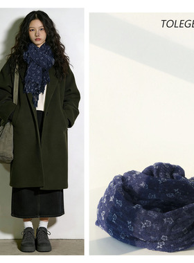 原创设计高级感韩版植物花卉深蓝紫色植绒围巾柔软亲肤文艺冬季女