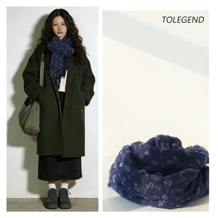 原创设计高级感韩版植物花卉深蓝紫色植绒围巾柔软亲肤文艺冬季女