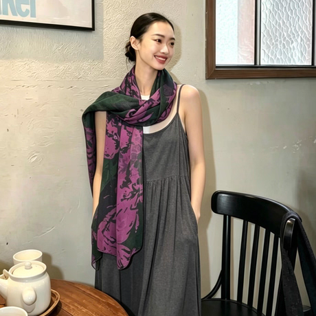 韩版深绿植物花卉丝巾女春夏