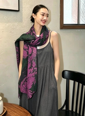 韩版植物花卉真丝丝巾女春夏深绿色装饰围巾慵懒风旅行披肩头巾女