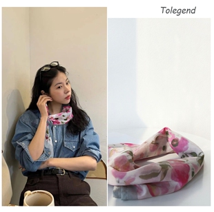 小众设计款法式复古热烈红色绿色玫瑰真丝围巾丝巾领巾春夏秋韩国