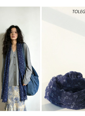 原创设计高级感韩版植物花卉深蓝紫色植绒围巾柔软亲肤文艺冬季女