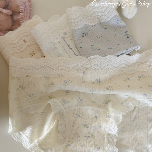 绵绵白云~碎花可爱少女风大弹力韩系花朵蕾丝边内裤女士三角裤